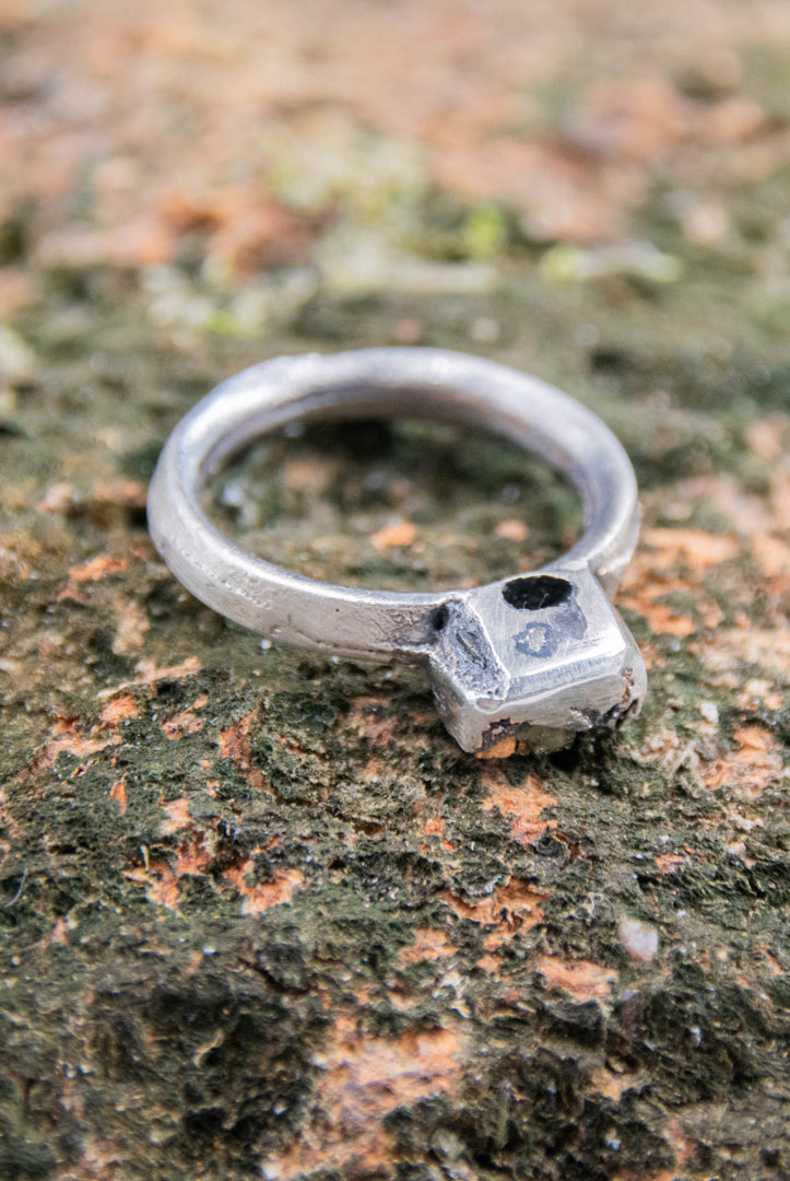 Unique Pyrite gemstone sand casting ring showcasing organic textures and artisanal craftsmanship.