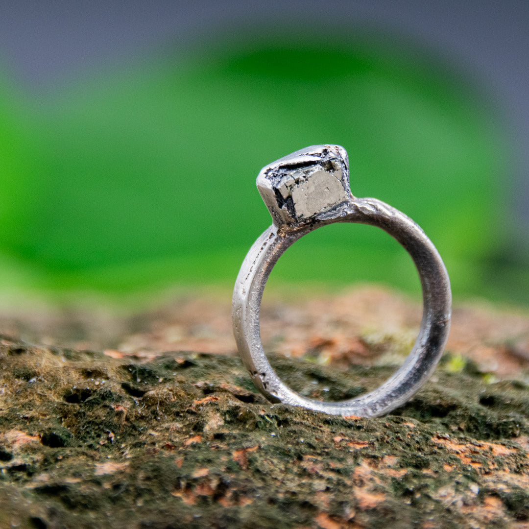Unique Pyrite Gestone Ring with organic textures, showcasing artisanal sand casting craftsmanship.