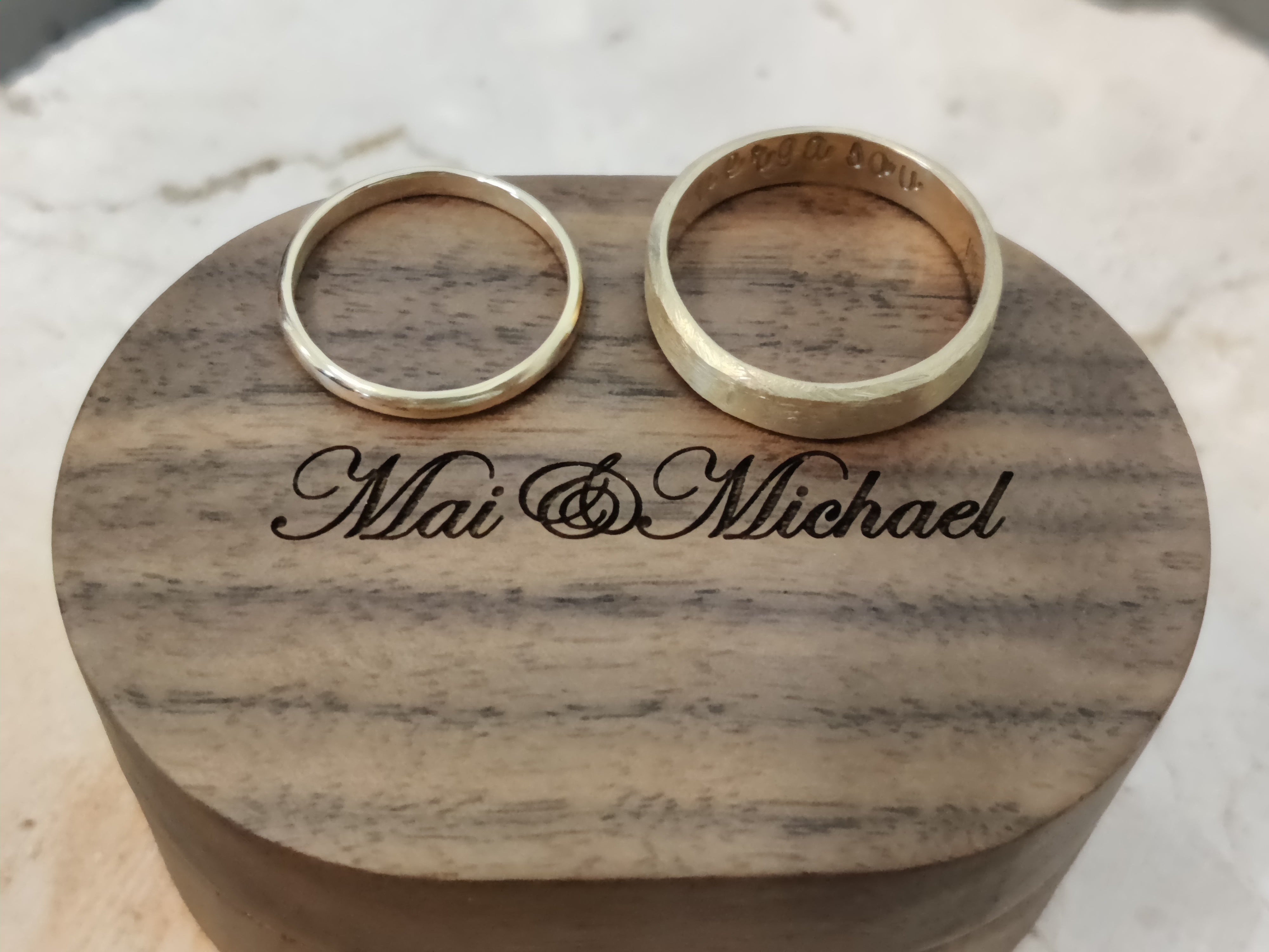 Gold wedding rings handmade by couples in Koh Chang jewelry studio workshop.