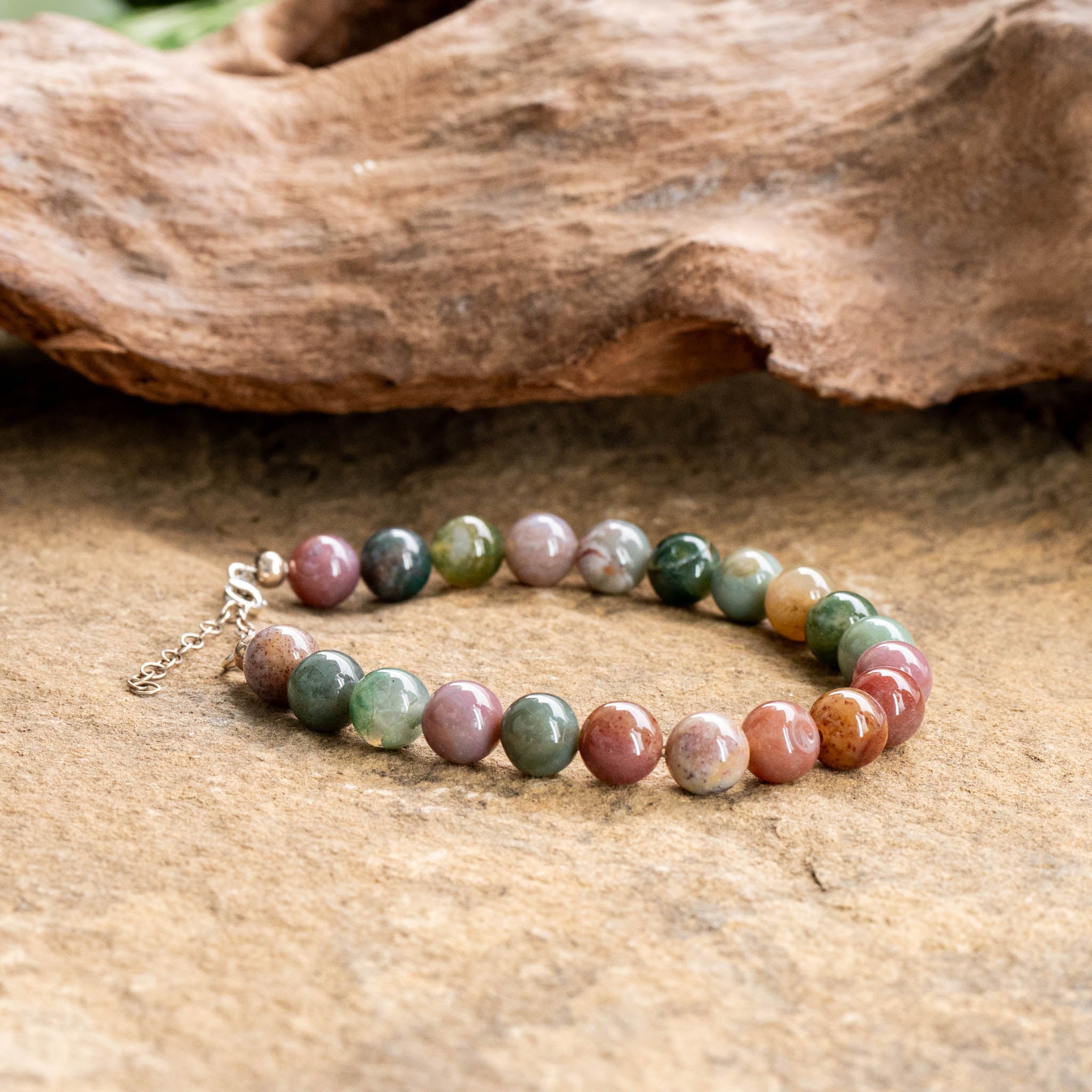 Mix Agate bracelet with sterling silver chain featuring multicolored 8 mm beads.