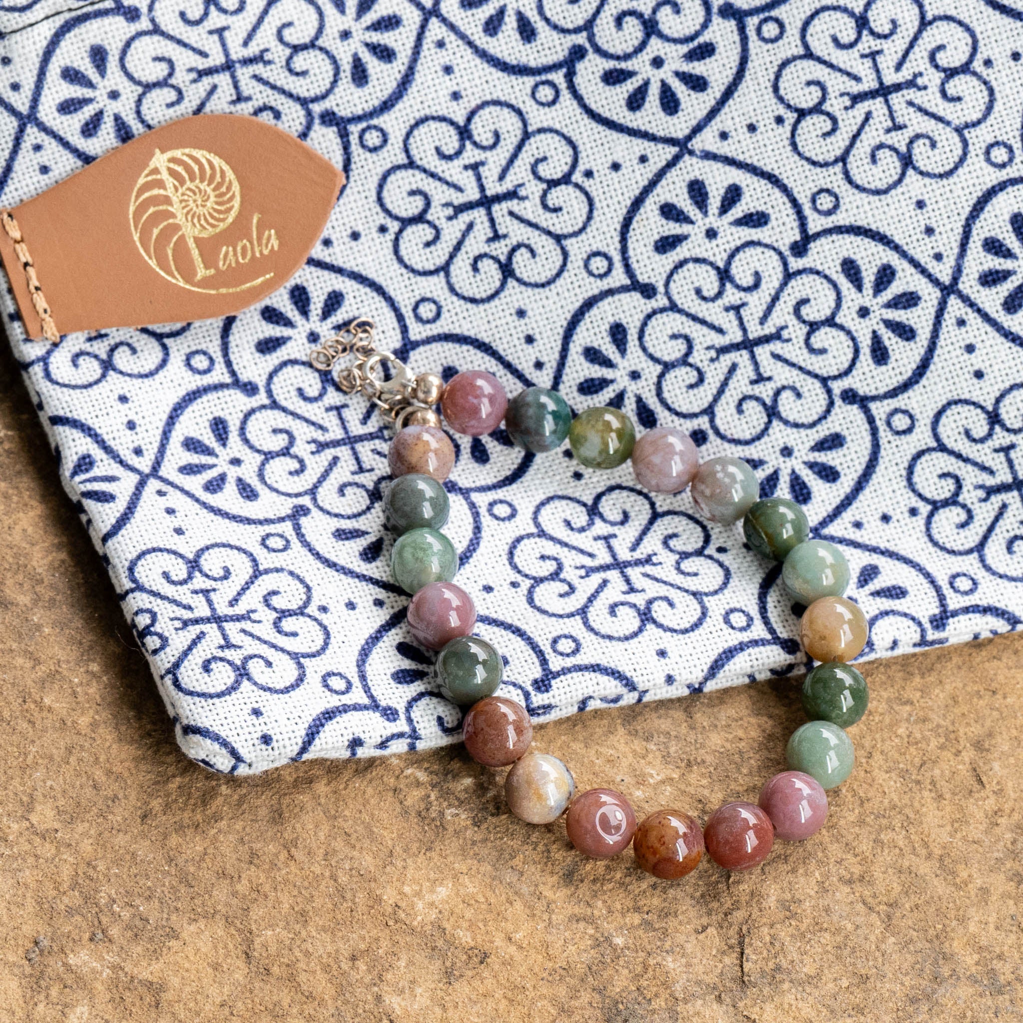 Mix Agate Bracelet with Chain featuring 8mm gemstone beads on sterling silver or gold-plated chain with 2-inch extension.